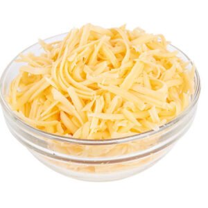 glass bowl of grated cheese isolated on white